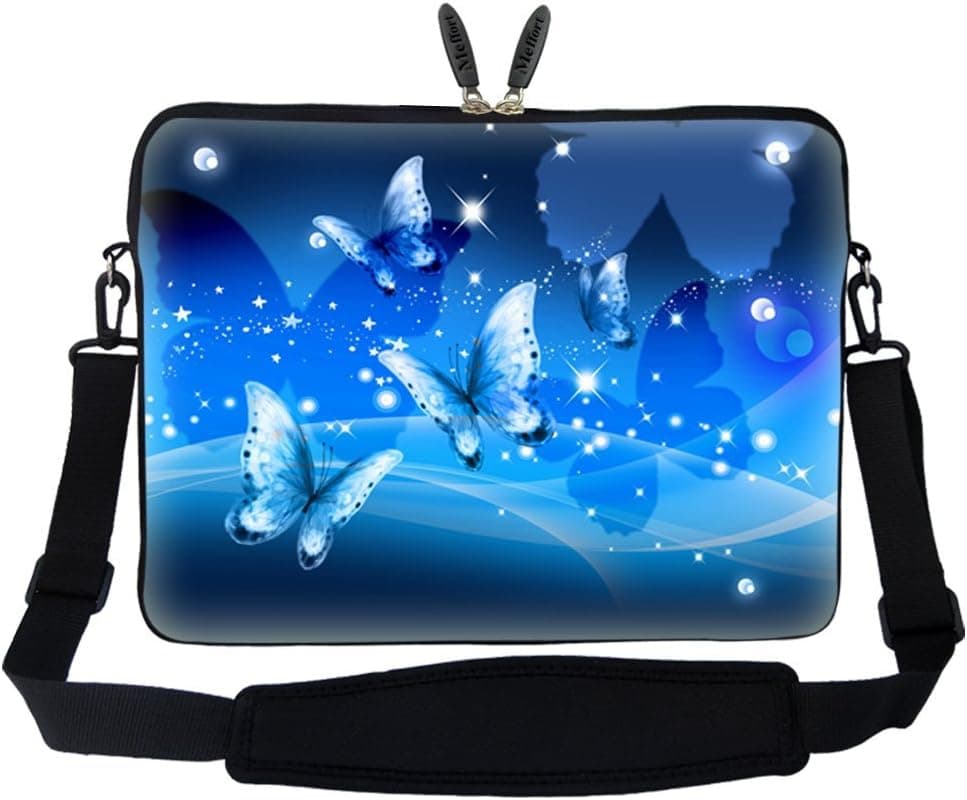Meffort Inc 15 15.6 inch Neoprene Laptop Sleeve Bag Carrying Case with Hidden Handle and Adjustable Shoulder Strap - Blue Butterfly Design