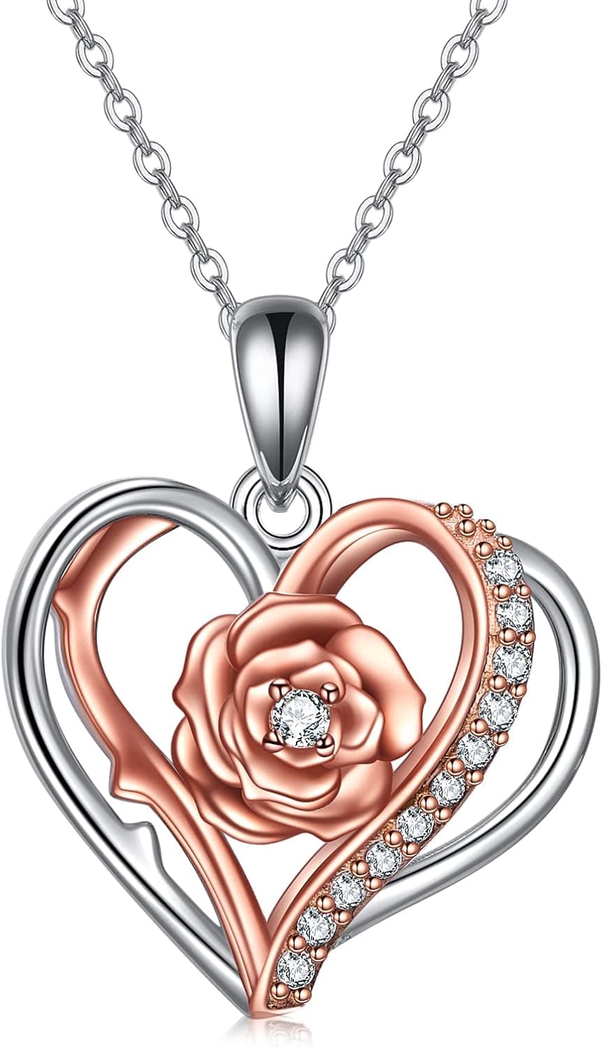 URONE Rose Flower Heart Necklace Sterling Silver Rose Gold Birthday Jewelry Gift For Women Girlfriend Wife