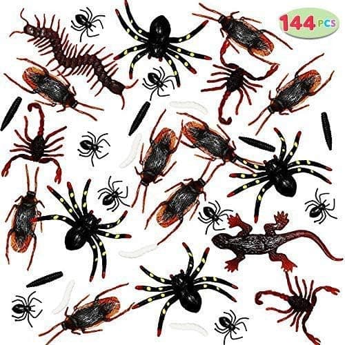 JOYIN 144 Pieces Plastic Realistic Bugs - Fake Cockroaches, Spiders, Scorpions and Worms for Halloween Party Favors and Decoration.