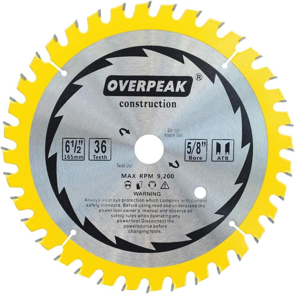 Overpeak Circular Saw Blade 6-1/2 Inch Dia 36 Teeth 5/8" Round Thin Kerf Carded, with Silencer Slots, for Soft&Hard Wood Cutting