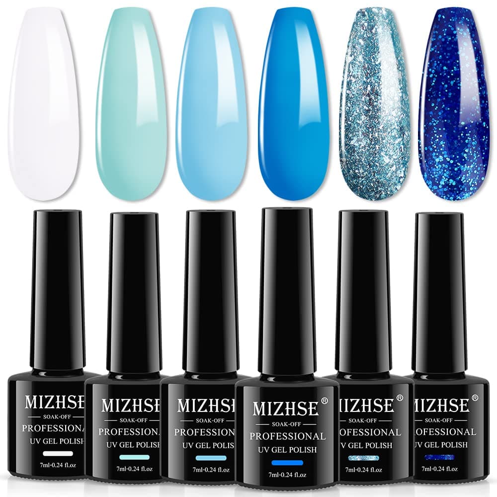 MIZHSE Blue Green Nail Gel Polish White Nail Polish Blue Glitter Gel Polish Set Soak Off 6PCS LED Manicure Starter Kit for Home DIY Gift Set