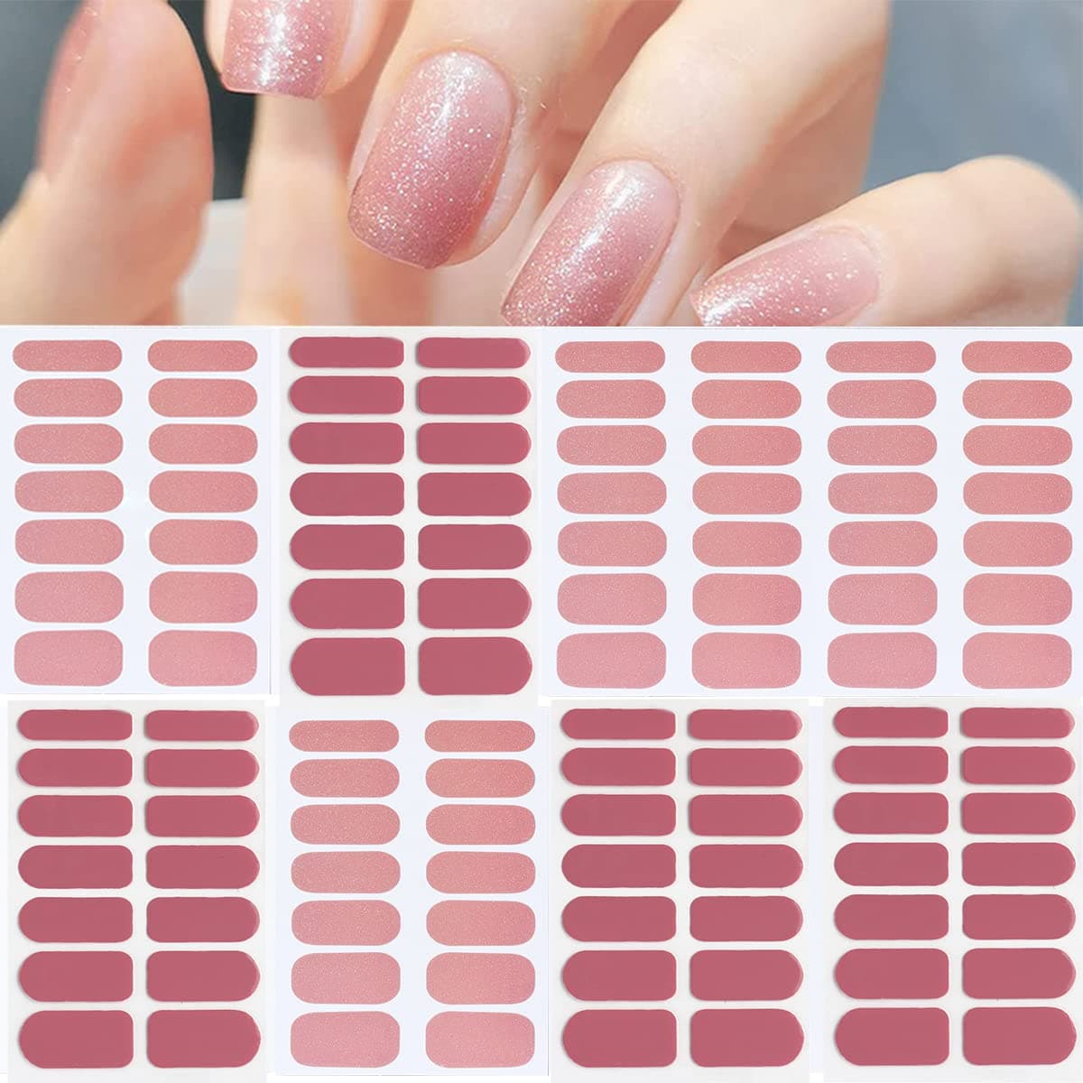 Pink Nail Wraps Glitter Color Full Nail Wraps Self-Adhesive Street Nail Strips Nail Art Polish Stickers Solid Nail Art Decal Strips Sticker Nails for Women (8 Sheets 112 Pieces)