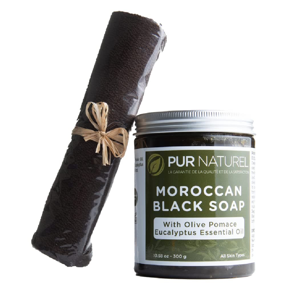 PUR NATUREL Moroccan Black Soap With Eucalyptus Essential Oil Natural Scrub ، Body Exfoliator، Purifying، Cleanser، Hammam Ritual - 10.58 Oz & Exfoliating Hammam Glove