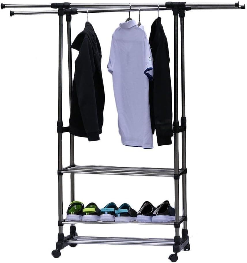 3 Tier Double Rail Clothes Garment Rack, Clothing Rolling Rack on Wheels and Bottom Shelves, Stainless Steel Clothing Garment Shoe Rack Organizer, Silver/Black