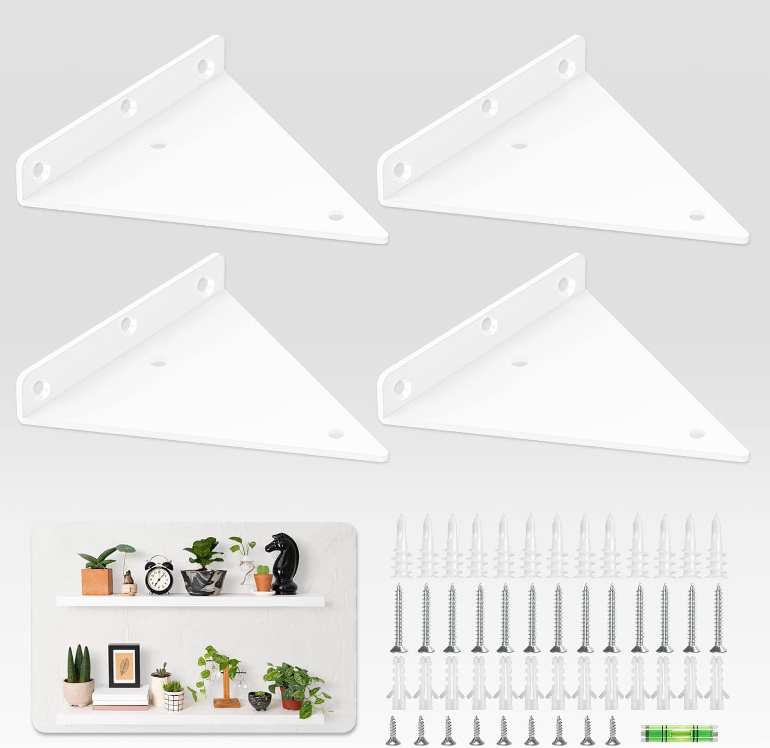 Shelf Brackets - 6 inch Triangle Brackets for Shelves, Hidden Shelf Bracket, Heavy Duty Bracket & Support, Square Floating Shelf Support, Decorative Joint Hardware 4 Pack White