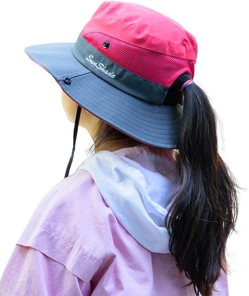 SportsWell Kids Girls UV Protection Foldable Ponytail Sun Hat Wide Brim Beach Bucket Cap