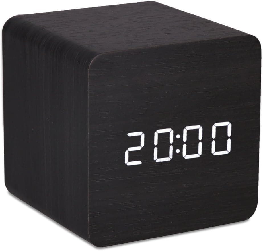 Mini White LED Wooden Alarm Clock Displaying Time Date Temperature Voice Touch Activated for Desktop Home Office (Black)