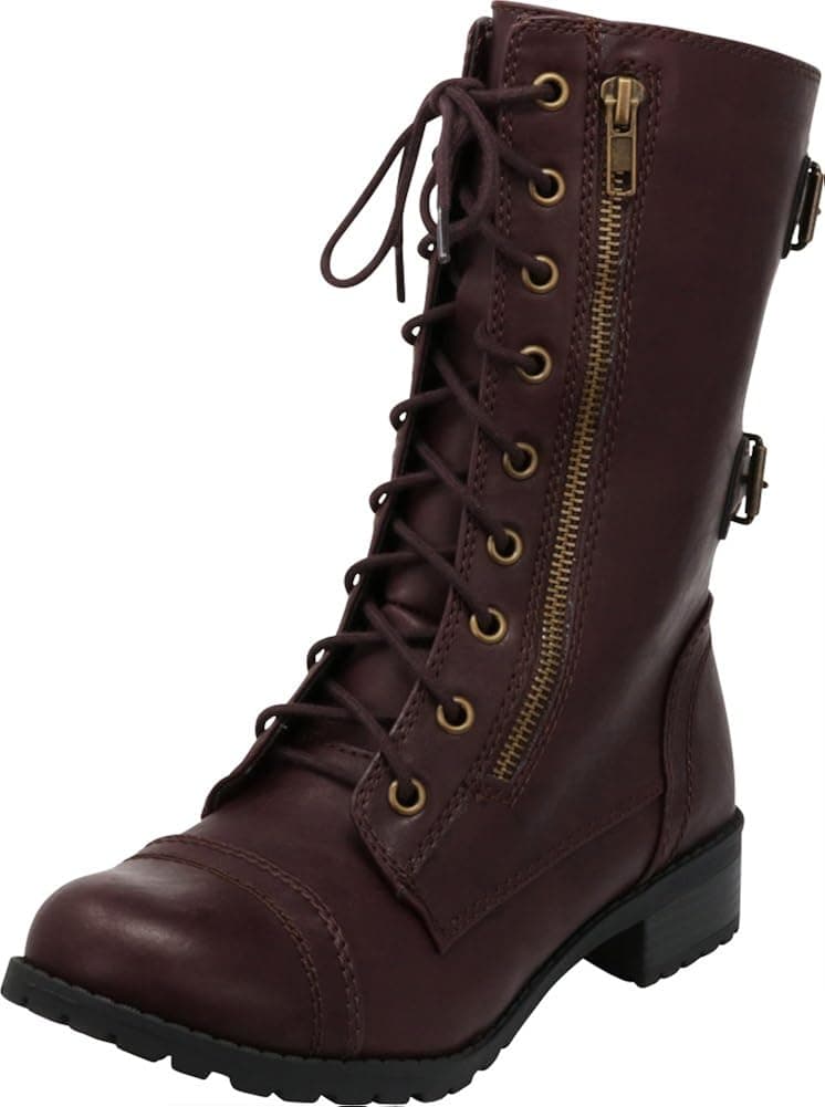 Cambridge Select Women's Lace-Up Round Toe Buckle Zipper Chunky Heel Combat Boot,8.5 B(M) US,Wine Pu