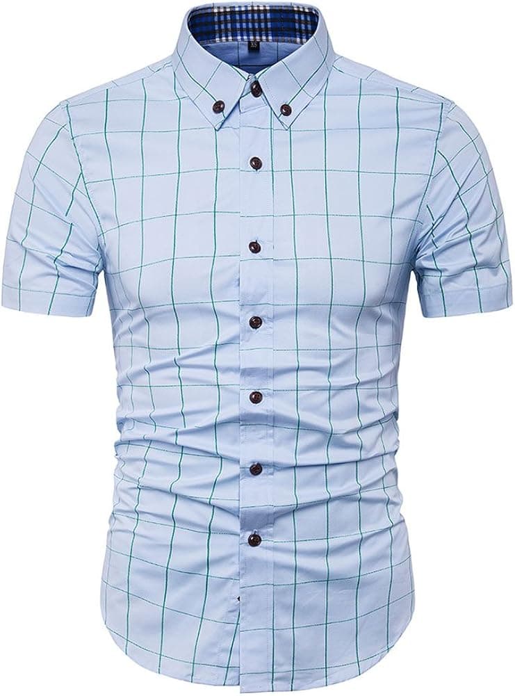 MUSE FATH Mens Cotton Short Sleeve Shirt-Casual Short Sleeve Plaid Shirt