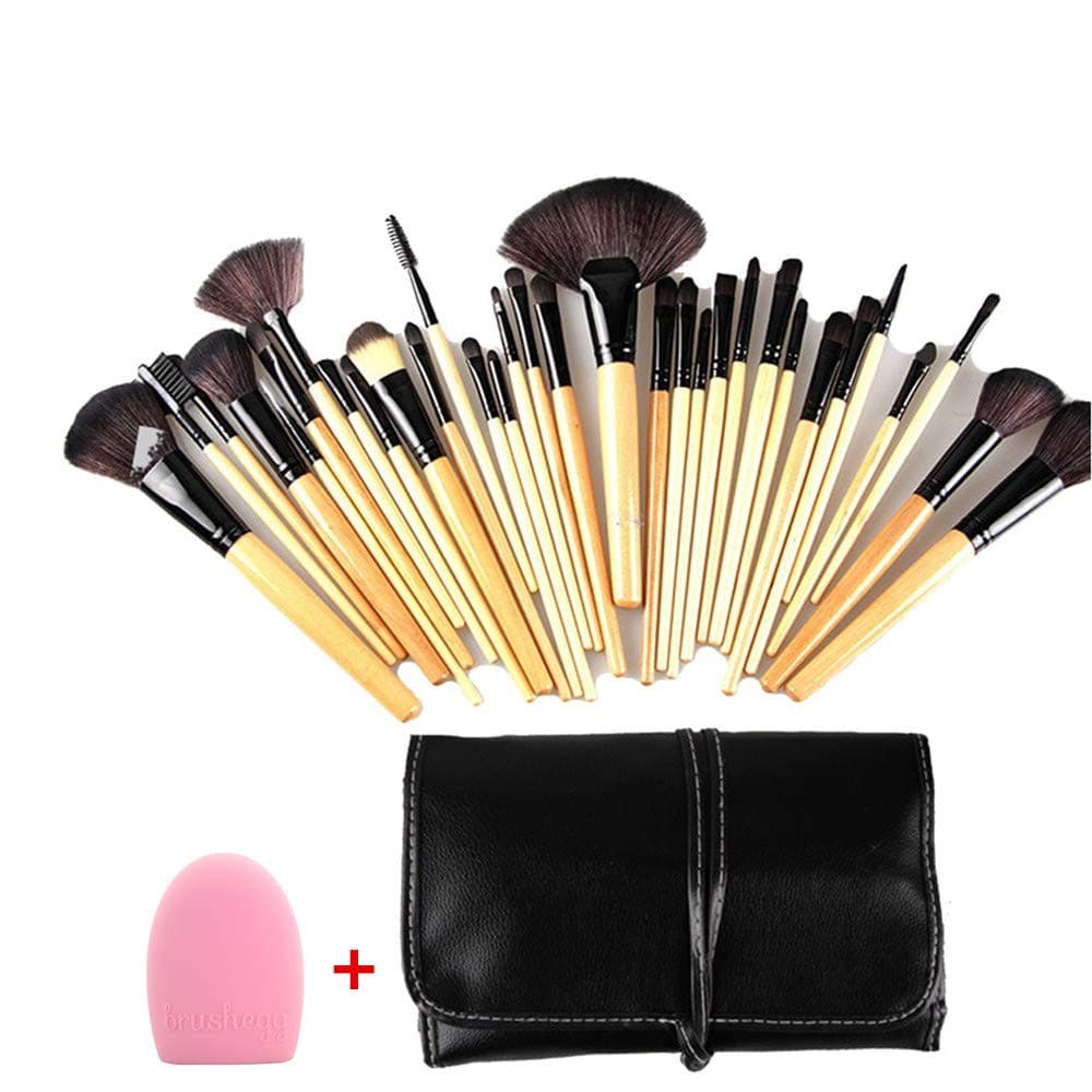 32 Pcs Wood Color Makeup Brush Set With Brushegg and Case Blending Brushes Cosmetic Bag Premium Makeup Brushes Synthetic Foundation Face Powder Concealers Blush Eyeshadow Brushes Makeup Brush Sets