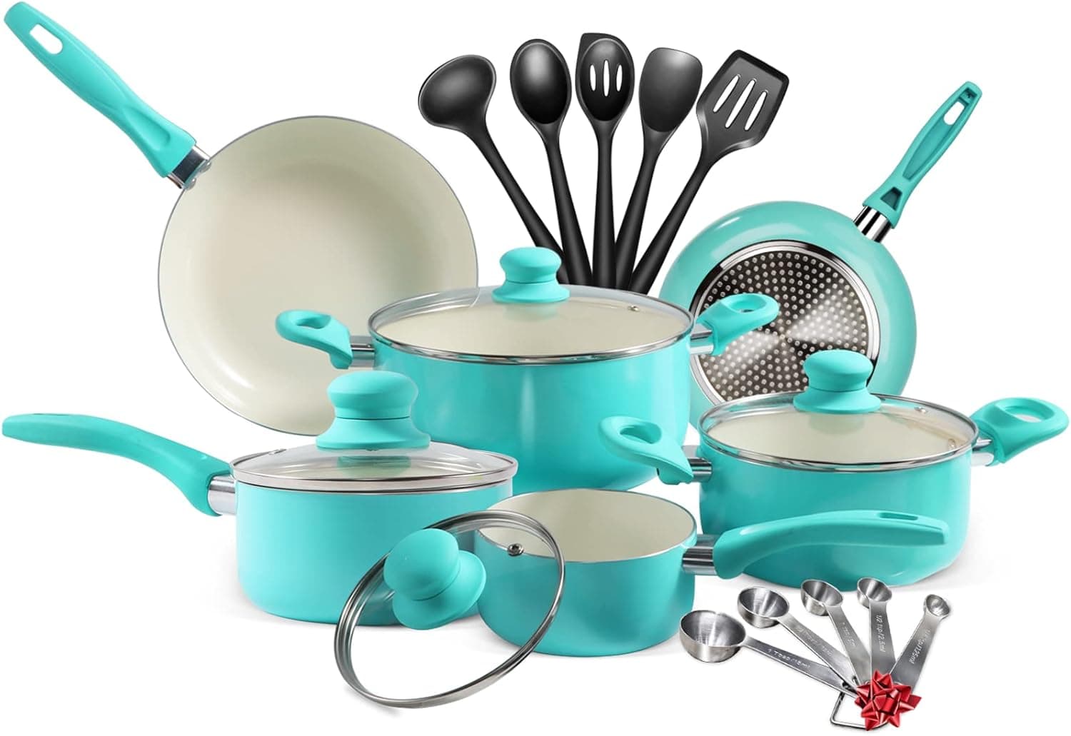 Nonstick Cookware Set, 20 Piece Tiffany Blue Pots and Pans Set, Ceramic Nonstick, Safety Insulation Handle Includes Frying Pans, Stockpots & Saucepans, Utensil, Dishwasher Safe
