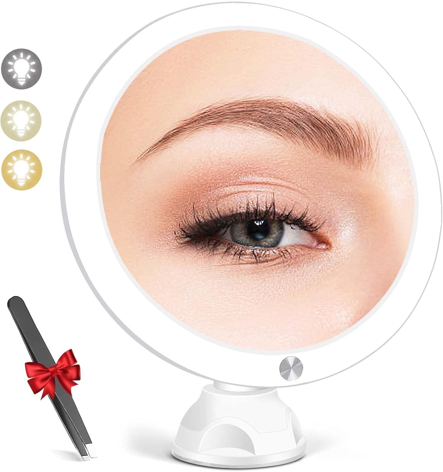 15X Magnifying Mirror with 3 Color Lighting, Guzon Upgraded Lighted Makeup Mirror with Lights and Magnification, LED Light Up Mirror with Suction Cup for Bathroom, Portable Travel Mirror with Tweezers