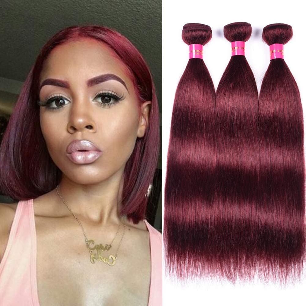 8A Brazilian Hair Straight 3 Bundles Human Hair Red 99J Thick Human Hair Extension Burgundy Color Silky Straight Virgin Hair Weave Weft(12 14 16 Inch, STW #99j)