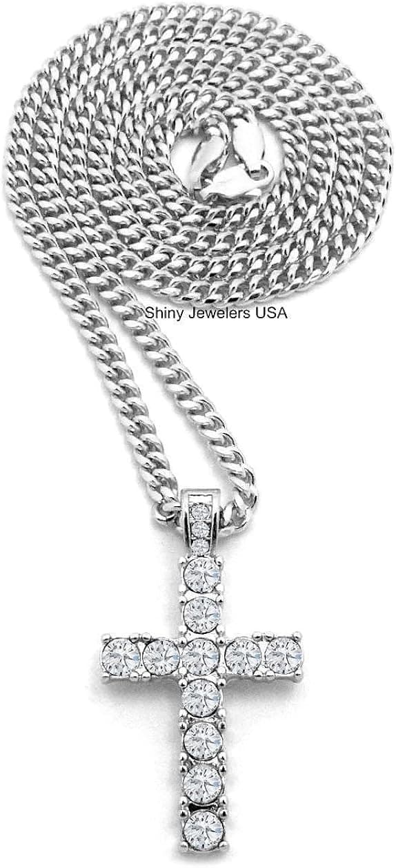 Shiny Jewelers USA Mens ICED Out Egyptian Silver Micro Cross Hip HOP Pendant Cuban Chain Necklace