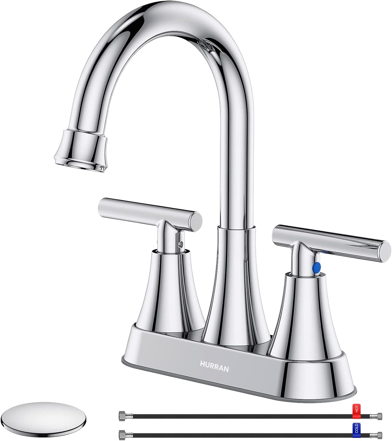 Bathroom Faucets for Sink 3 Hole, Hurran 4 inch Chrome Bathroom Sink Faucet with Pop-up Drain and Supply Hoses, Stainless Steel Lead-Free 2-Handle Centerset Utility Faucet for Bathroom Sink Vanity RV