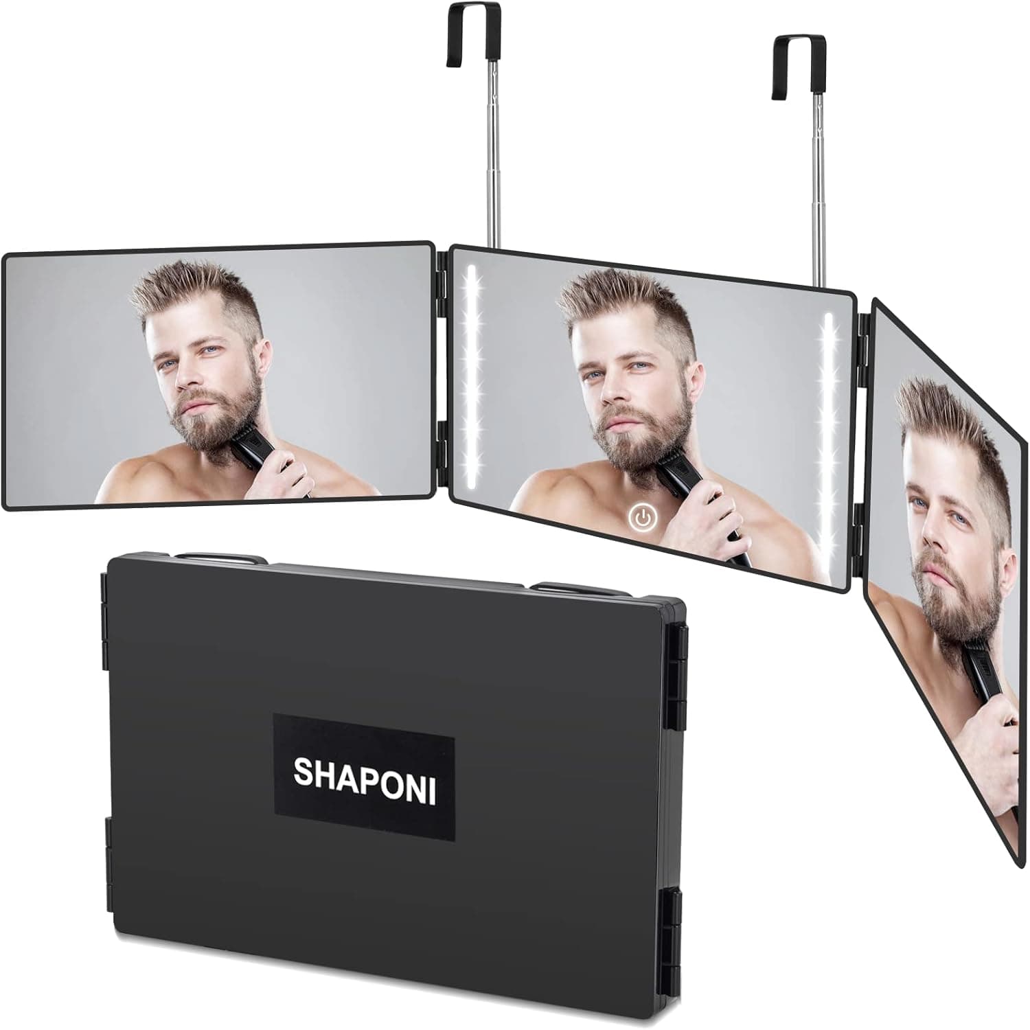 SHAPONI 3 Way Mirror for Hair Cutting - Rechargeable 360° Barber Mirror with Adjustable Lights & Height Telescoping Hooks, Trifold Self Cut Mirror, Black