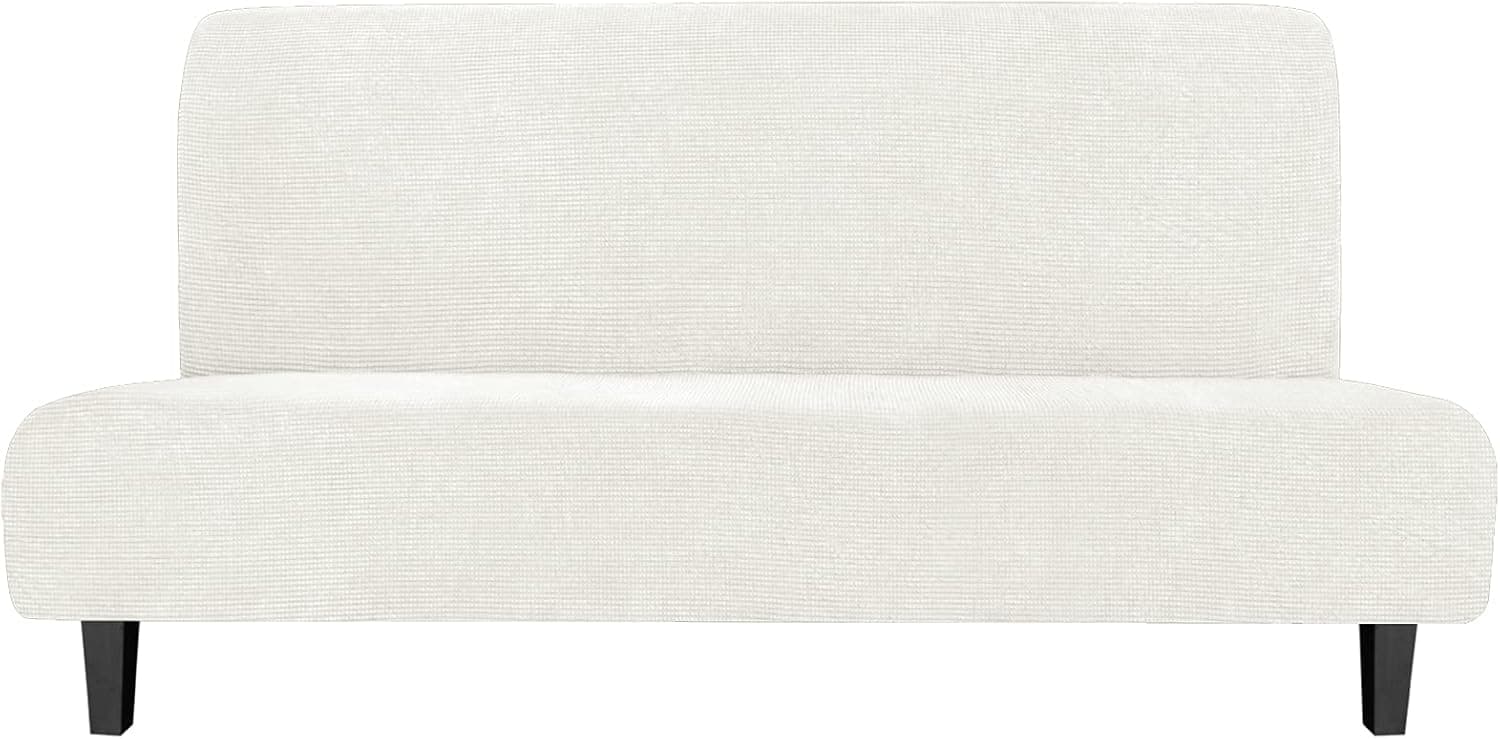 Easy-Going Stretch Futon Slipcover Armless Futon Bed Cover Furniture Protector Without Armrests with Elastic Bottom for Kids, Soft Jacquard Fabric Small Checks (Large, Cream)