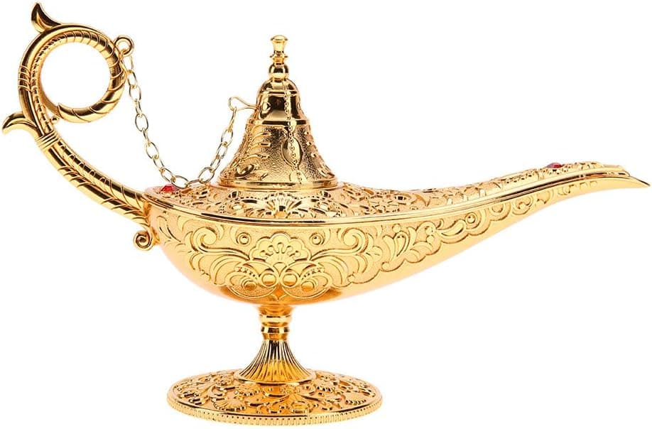 Aladdin Lamp, Gold Metal Carved Hollow Legend Lamp Hollow Aladdin Magic Genie Light Wishing Pot Home Decorations
