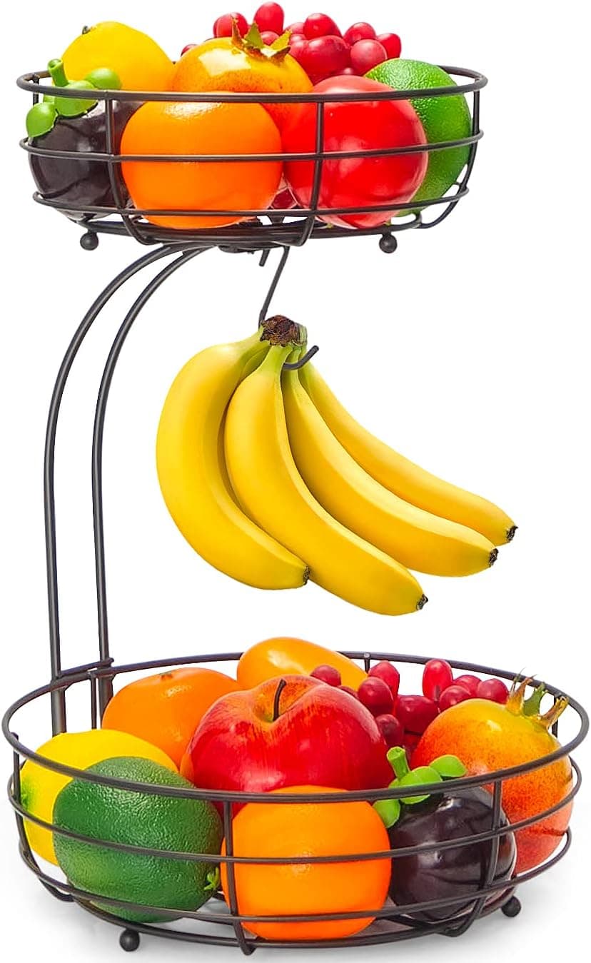 Kufutee 2-Tier Countertop Fruit Basket Bowl With Banana Hanger,Bronze