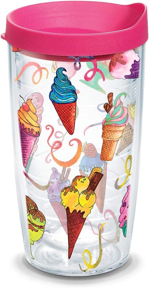 Tervis Ice Cream Cones Insulated Tumbler with Wrap and Fuschia Lid, 16oz, Clear