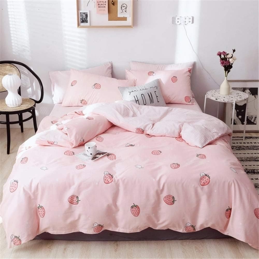 VM VOUGEMARKET Girls Duvet Cover Twin Size,Strawberry Fruit Duvet Cover Set,Soft Cotton Pink Striped Bedding Set for Teen Girls Lovely Home Bedding Collection no Filling