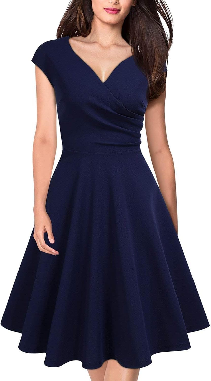 MISSMAY Women's Retro Deep V Neck Cap Sleeve Cocktail Party Fit and Flare Dress