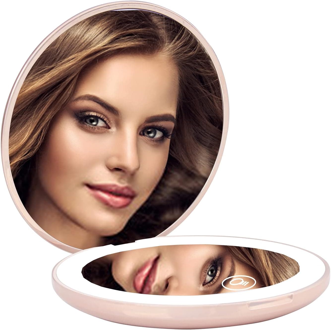 Impressions Vanity Touch Mini Pearl Compact Mirror with LED Light, Round Bifold Mirror with 2X Magnetic Glass and Touch Sensor Dimmer Switch (Pearl Rose Gold)