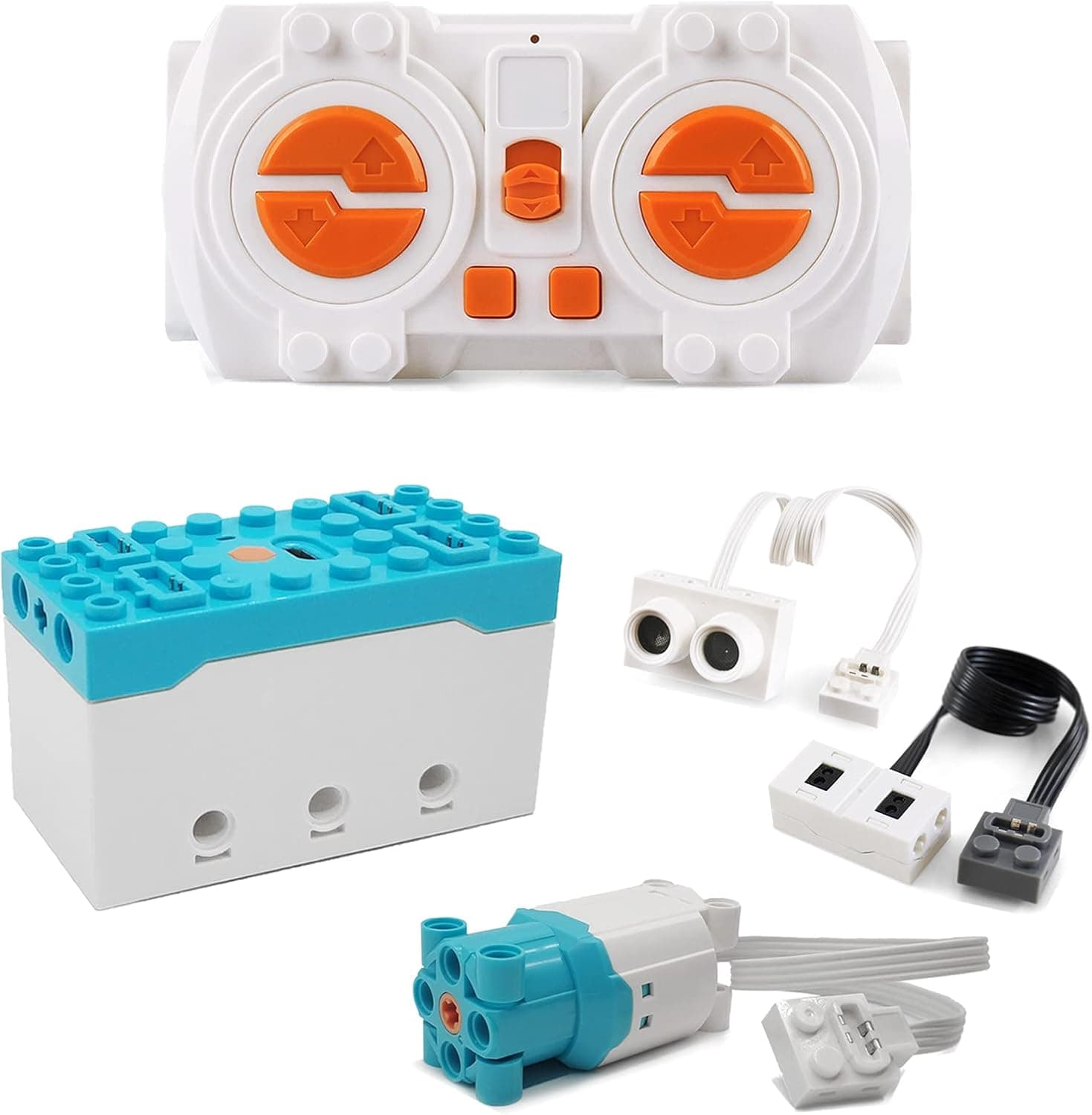 ZMBlock Motor Set Power Function Building Block Remote Control Programming DIY Building Kit Toy 1 Master, 1 Controller, 1 Motors, 1 Line Tracking Sensor, 1 Ultrasonic Sensor for Kids Age 8+ (6 pieces)