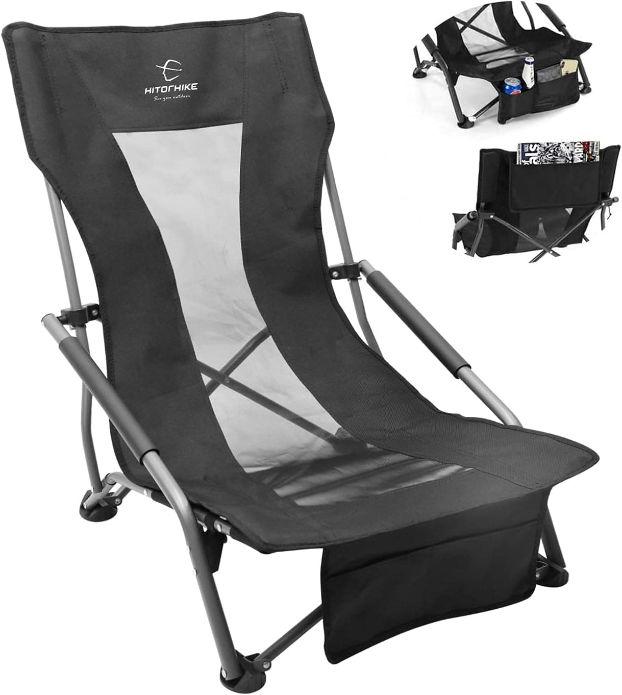 HITORHIKE Low Sling Beach Camping Concert Folding Chair with Armrests and Breathable Nylon Mesh Back Compact and Sturdy Chair