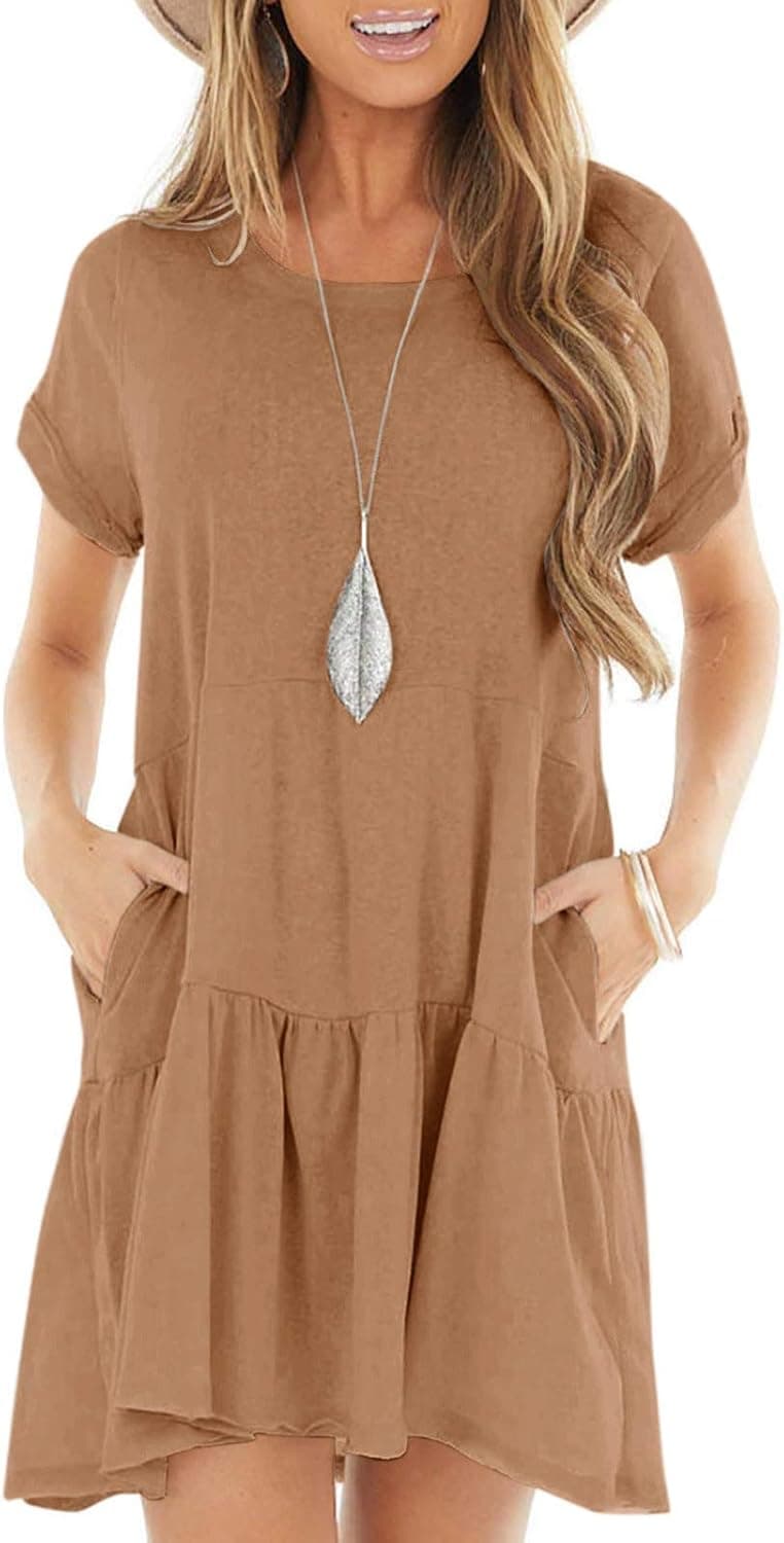 Berryou Womens Short Sleeve Pockets Casual Loose Ruffle Swing T-Shirt Dress Khaki
