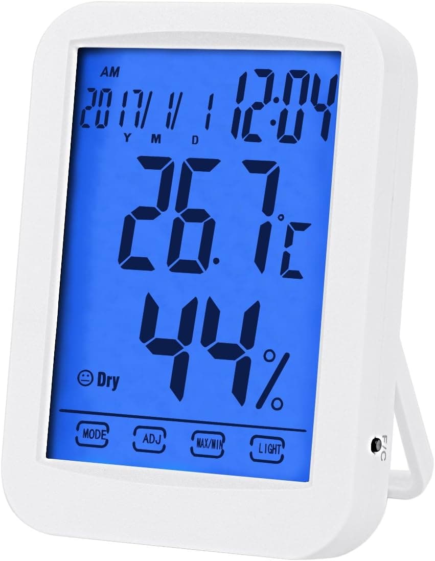 DEXUNWEI Temperature Hygrometer, Indoor Digital Hygrometer, Multifunctional Temperature Humidity Meter with Blue Backlight, Jumbo Smart Touchscreen with Clock (Not Include Battery) (White)