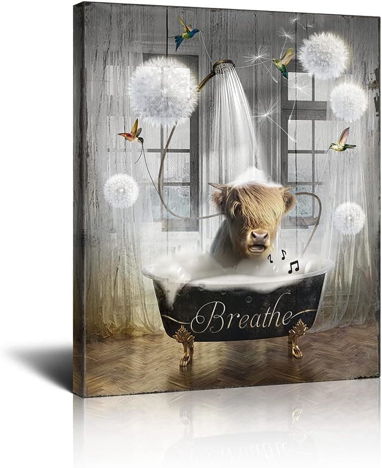 SEEQOCO Funny Bathroom Wall Art Highland Cow Bathroom Wall Decor Sing Cow On Bathroom Pictures For Wall Farmhouse Bathroom Sign Breathe Canvas Painting Print Artwork Framed Bathroom 12x16 In, Black