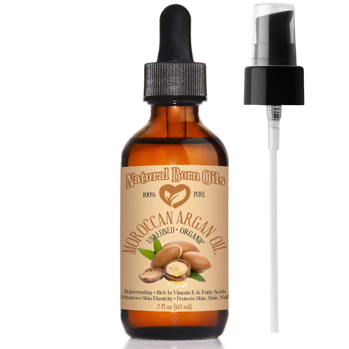 Natural Born Oils Moroccan Argan Oil. 2oz. 100% Pure and Natural, Cold-pressed, Organic. Natural Moisturizer for Your Skin and Hair