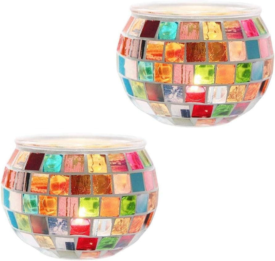 DerBlue 2Pcs Votive Candle Holders Mosaic Glass Jars Votive Tealight Candle Holders for Holidays, Weddings, Parties Home Decor Thanksgiving Gifts