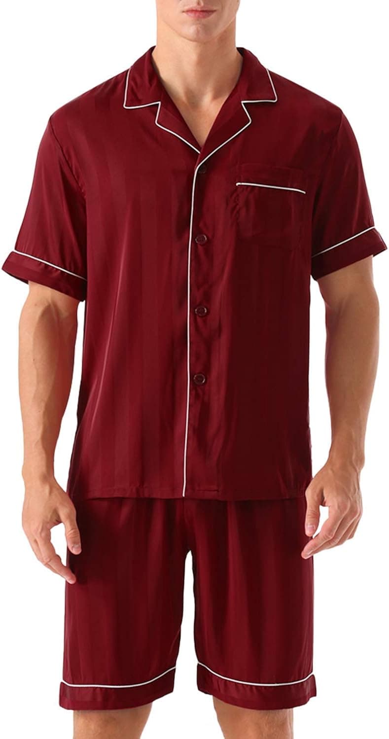 ninovino Men's Satin Pajamas Set Woven Short Sleeve with Shorts Button-Down Classic Sleepwear Loungwear