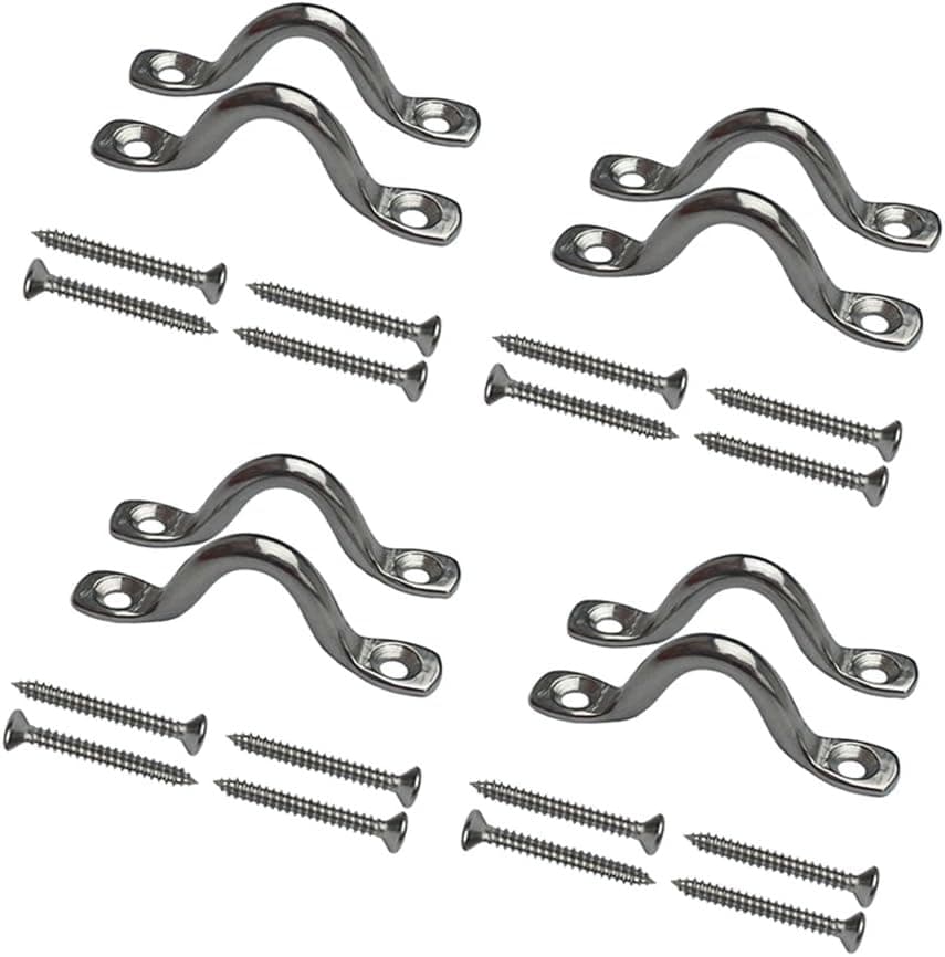Vtete 8 Pcs Stainless Steel 3/8" Pad Eye Straps for Bimini Boat Top with 16 Pcs Screws, Kayak Deck Loops Tie Down