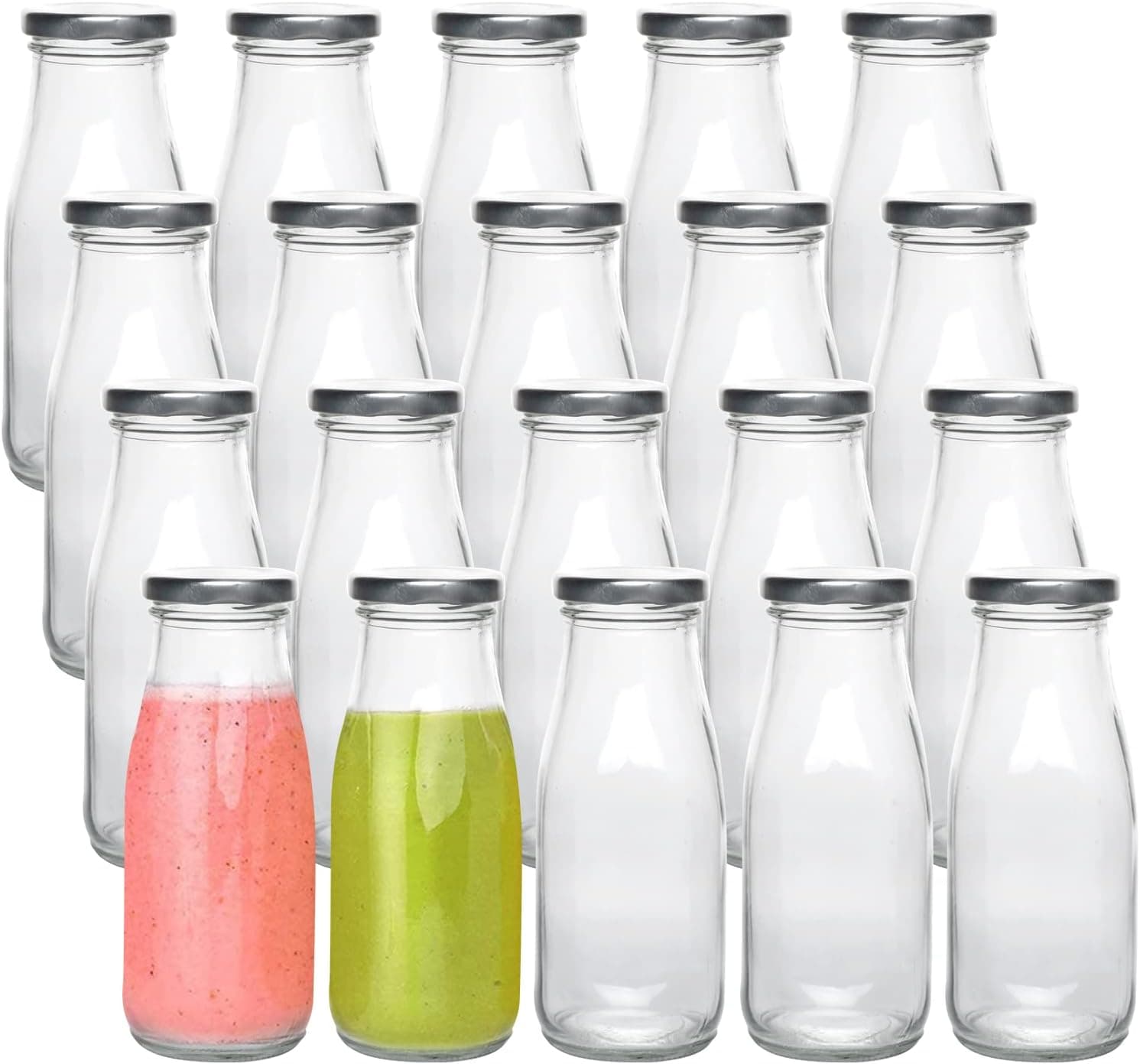 12 oz Glass Bottles, Clear Glass Milk Bottles with Silver Metal Airtight Lids, Vintage Breakfast Shake Clear Container, Vintage Drinking Bottles with Whiteboard Labels and Pen for Party,Kids,Set of 20
