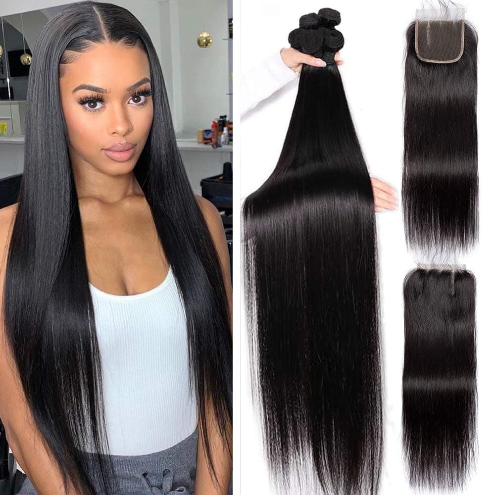 22 24 26 with 20 Closure Long Silky Straight 3 Bundles With Closure Three Parting VipBeauty Unprocessed Virgin Hair Wave Weave Brazilian Straight BundlesHuman Hair With 4x4 Lace Closure