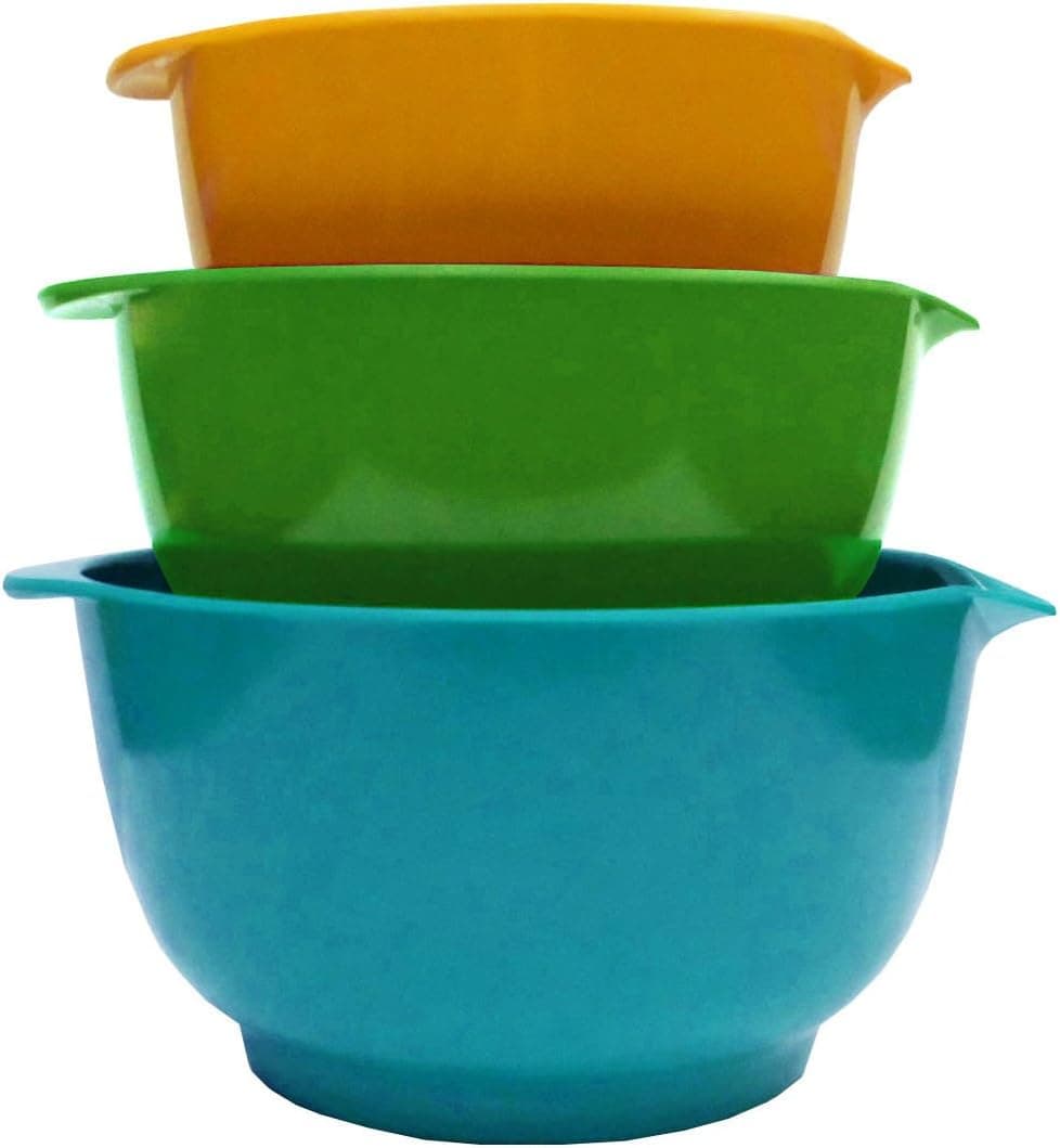 GHP 3-Piece Melamine Mixing Bowl Set with Non-Skid Silicone Bottoms, Orange/Lime/Sky Blue