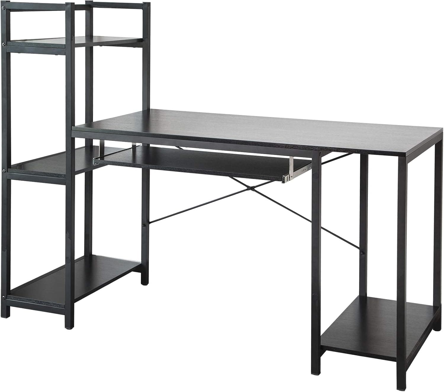 TOPSKY Computer Desk 59’’ Large Desktop Surface with Additional 3-Tier Bookshelves, 1-Tier Storage Shelf and Keyboard Tray for Office (Black)