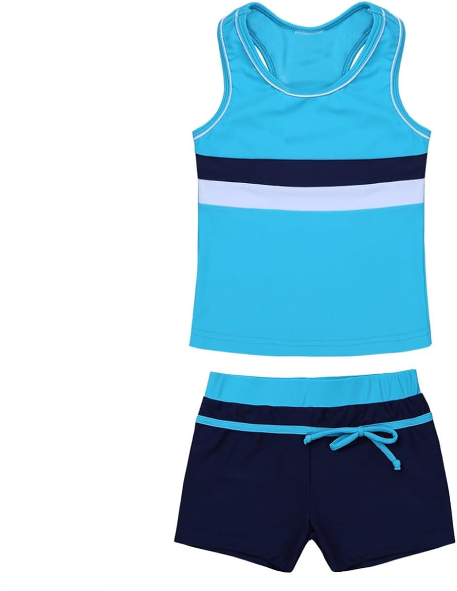 YiZYiF Girls Kids Summer Two Pieces Tankini Racer-Back Tank Tops and Boyshort Swimsuit Swimwear Set