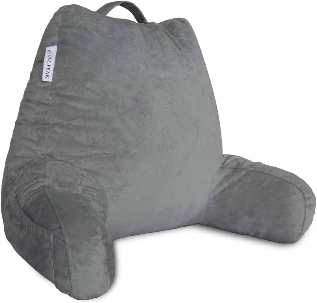 EAGLE PEAK Medium Shredded Memory Foam Reading Pillow, Bed Rest Pillow with Arms and Pockets, Removable Cover, Back Support Cushion While Reading, Watching TV, Relaxing (Dark Gray)
