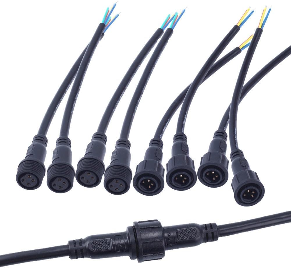 CHINLY 10pairs 4Core 4pin BLACK Pigtail Plastics waterproof IP65 LED Connector Male Female for 3528 5050 LED Strip Light, Applicable 20AWG 0.5mm² 22mm Nut