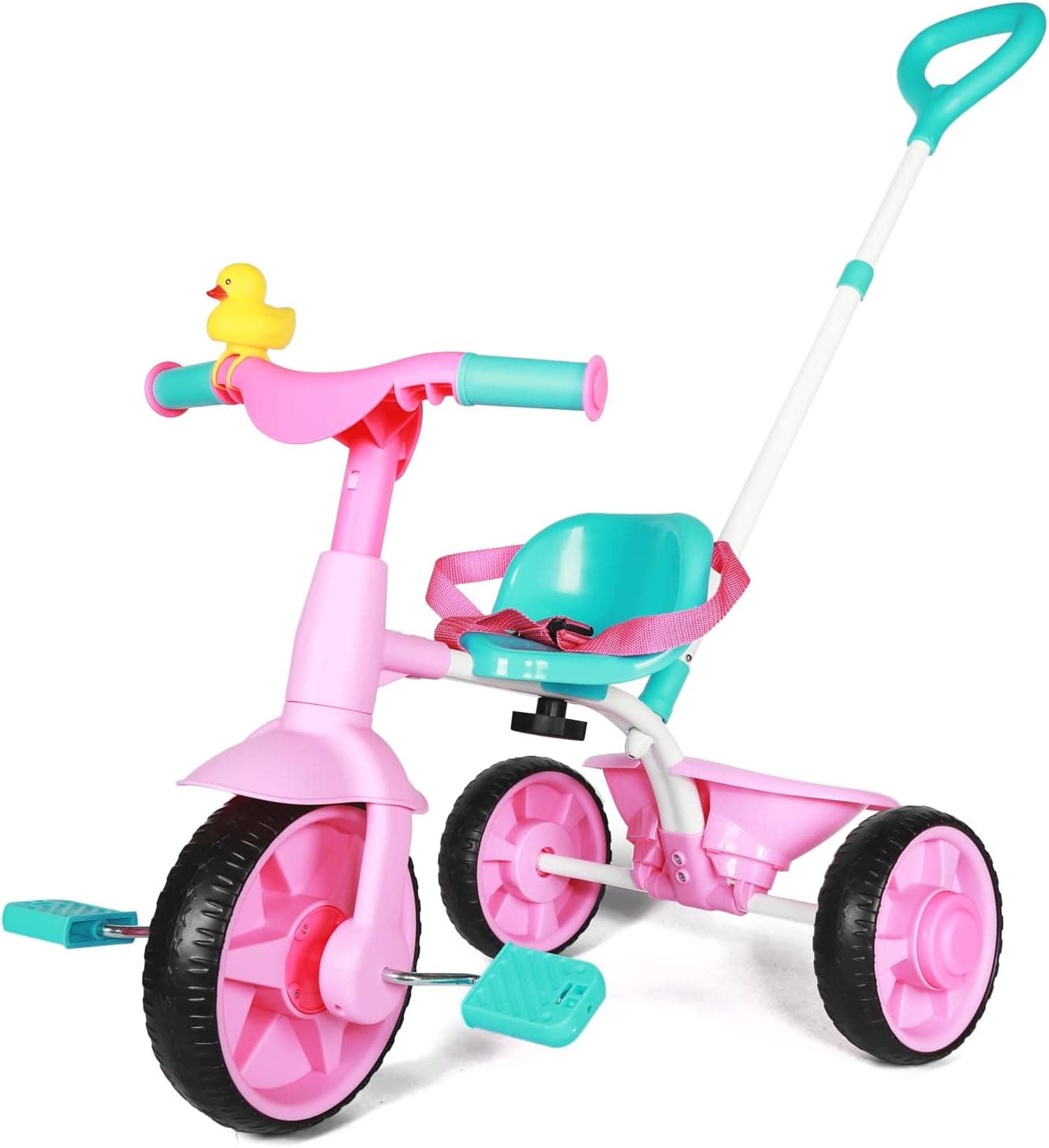KRIDDO 2 in 1 Kids Tricycles Age 18 Month to 3 Years, EVA Wheels Upgraded, Gift Toddler Tricycle, Trikes for Toddlers 2 to 3 Year Old with Push Handle and Duck Bell, Pink