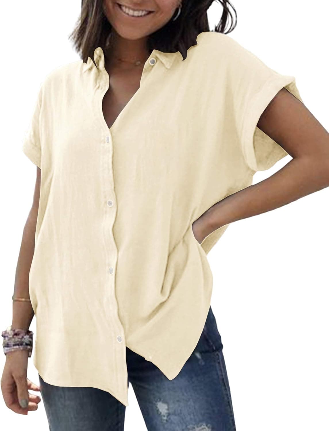 Womens Button Down Shirts Short Sleeve Linen Cotton Blouse V Neck Basic Simple Work Shirt Plain Tops