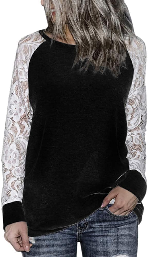 HIRIRI Women Fashion Lace Floral Splicing O-Neck T-Shirt Tops Long Sleeve Tunic Shirt