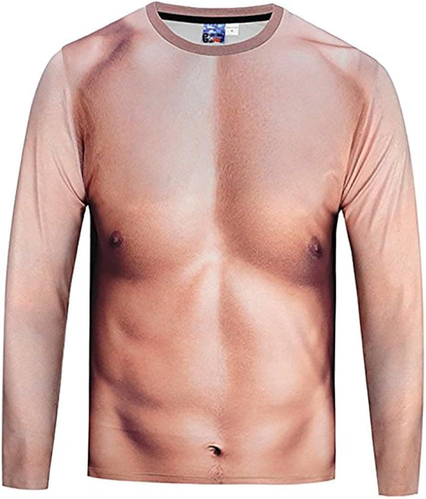 Eaglebeky Men Funny Muscle Tee Shirt Undershirt 3D Print Long Sleeve T-Shirts Muscle Six Pack Abs T-Shirt for Man