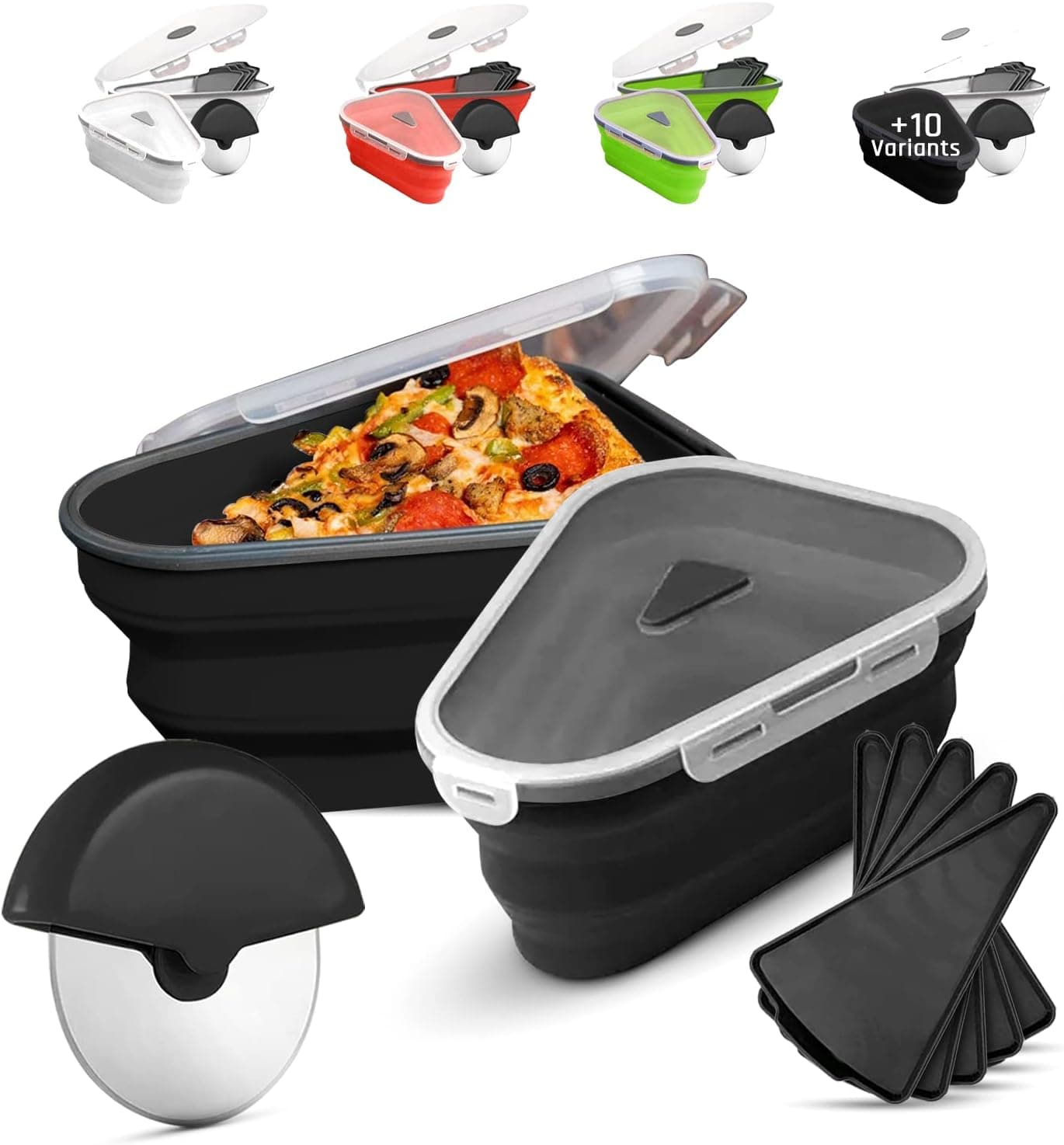 ROSER STUDIO 2 Silicone Pizza Storage Container Collapsible & Pizza Cutter - Reusable & Expandable Pizza Container & 10 Microwavable Lids Serving Tray - Foldable Pizza leftover Box (2 BLACK)