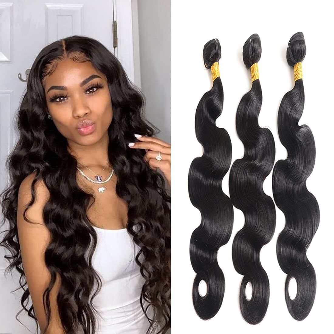 muaowig Weave Hair Human Bundles Peruvian Hair Bundles Natural Black Bundle Body Wave 3 Bundle Hair Extensions Brazilian Remy Human Hair Weave Grade 8A Unprocessed Virgin Hair Bundle 26 28 30 inch