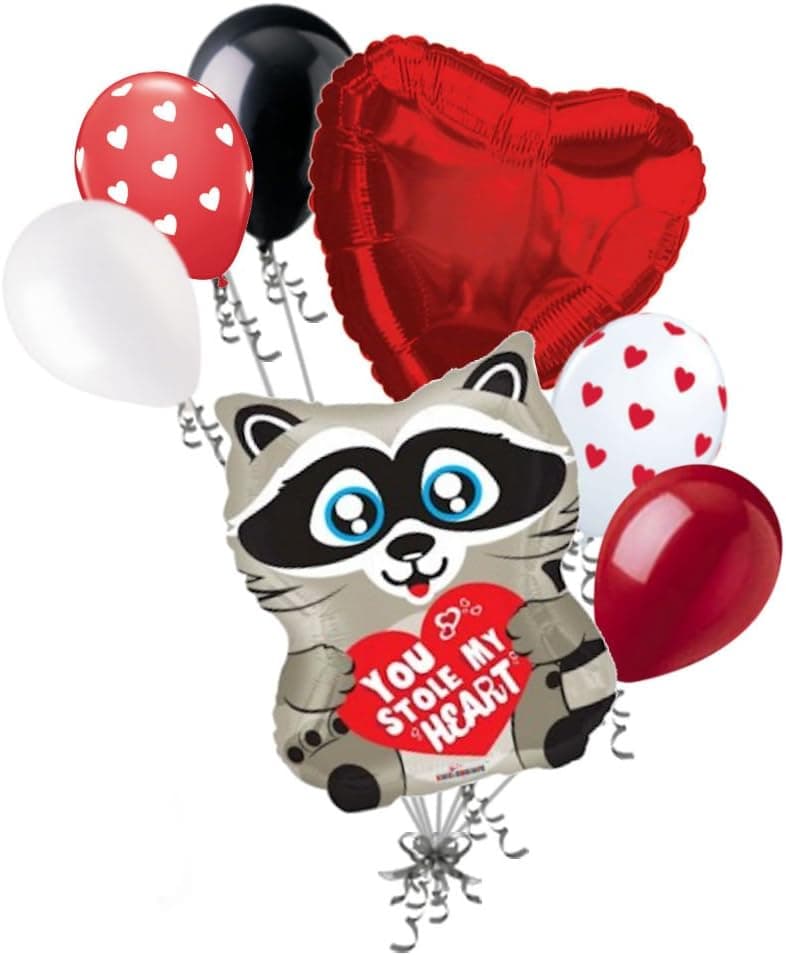 7 pc Love Raccoon Stole Heart Happy Valentines Day Balloon Bouquet Mine Hugs